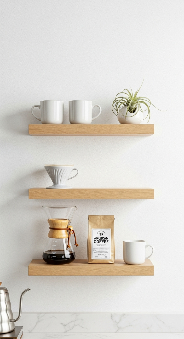 Minimalist floating shelf coffee station with Chemex, artisan coffee, mugs, and an air plant on a clean white wall