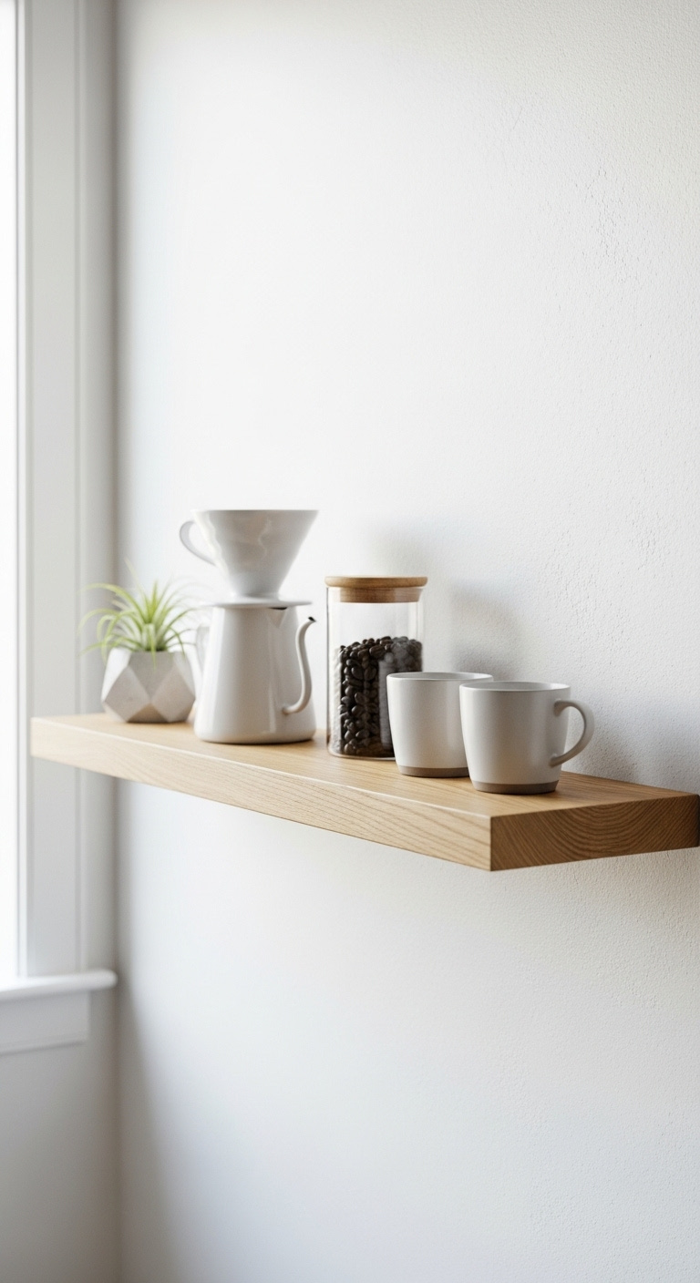 Minimalist floating shelf coffee system with pour-over set on light oak against white wall with natural light
