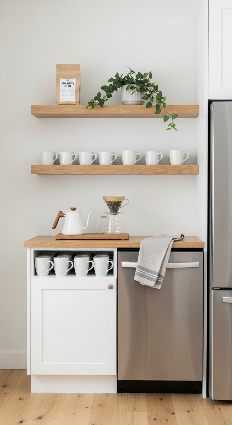 Minimalist floating shelves above a white cabinet with pour over coffee setup mugs and plant next to a stainless steel fridge