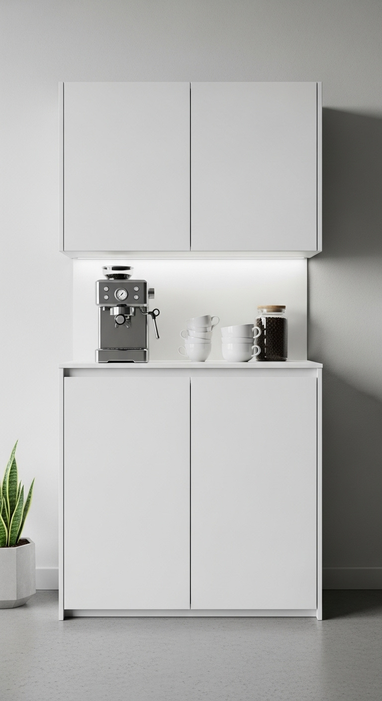Minimalist high gloss white coffee bar cabinet with hidden cool white LED strip lights chrome espresso machine white porcelain cups