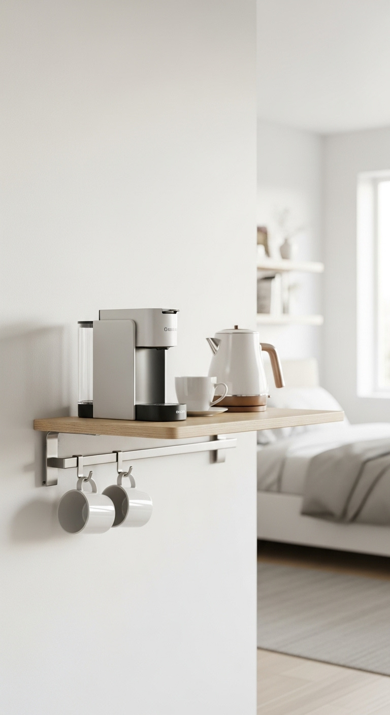Minimalist light birch wood floating desk on a white wall with a compact coffee maker kettle and hanging mugs