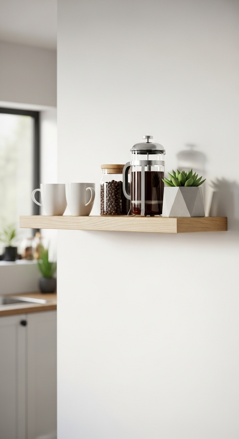 Minimalist light oak floating shelf on a white wall with white ceramic mugs a French press coffee beans and a succulent
