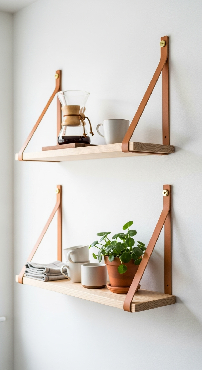 Minimalist light pine shelves held by tan leather straps and brass screws with a Chemex and mugs on a white wall