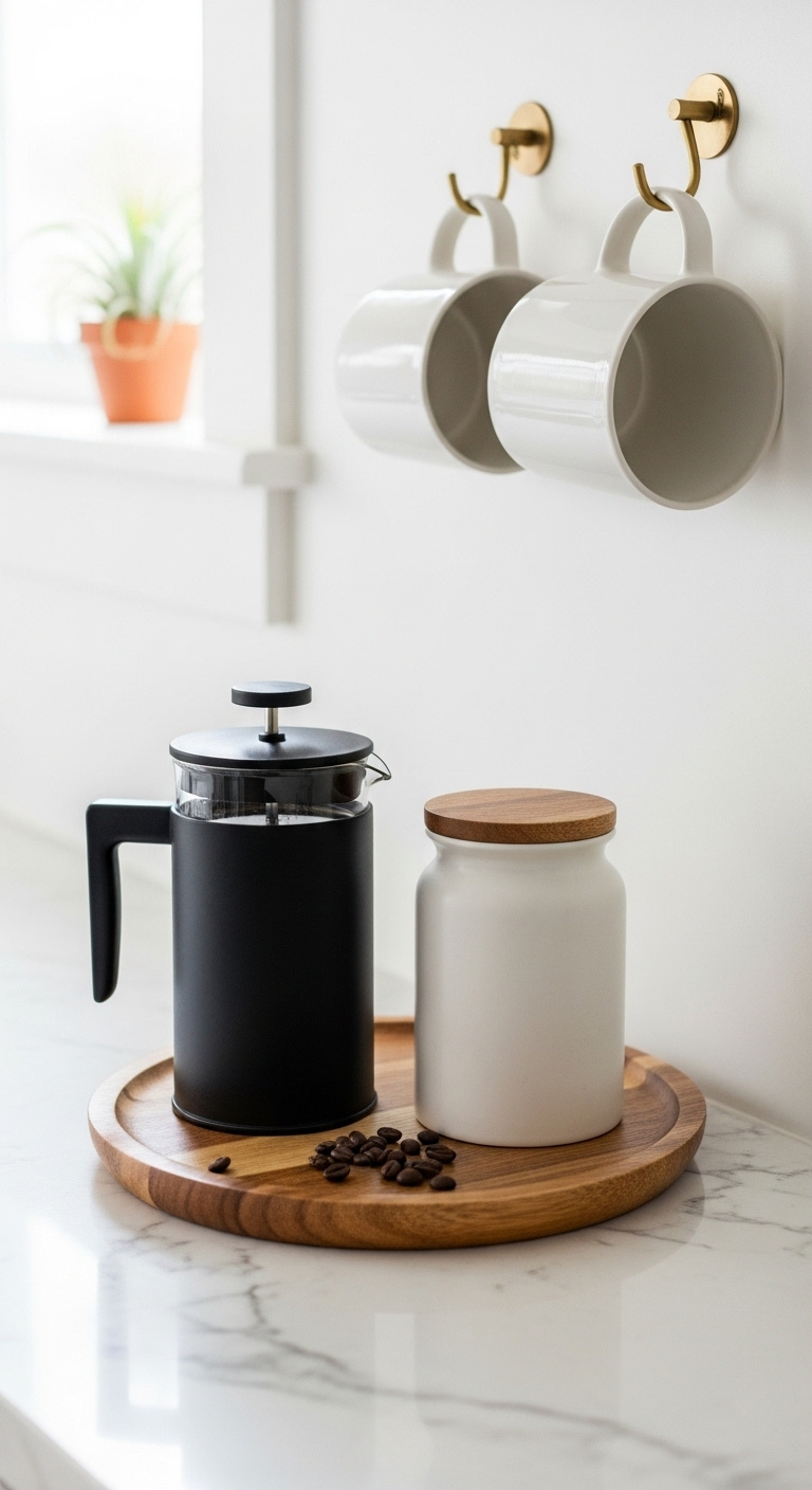 Minimalist mug and maker coffee corner with a black French press white canister and mugs on brass hooks on a quartz countertop