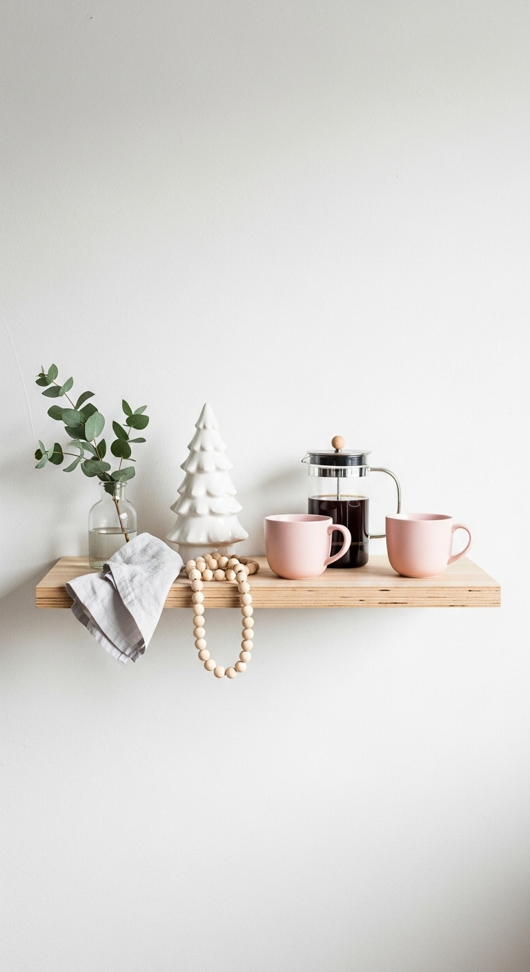 Minimalist pink coffee bar with a white ceramic Christmas tree blush pink mugs and a glass coffee press on a floating shelf