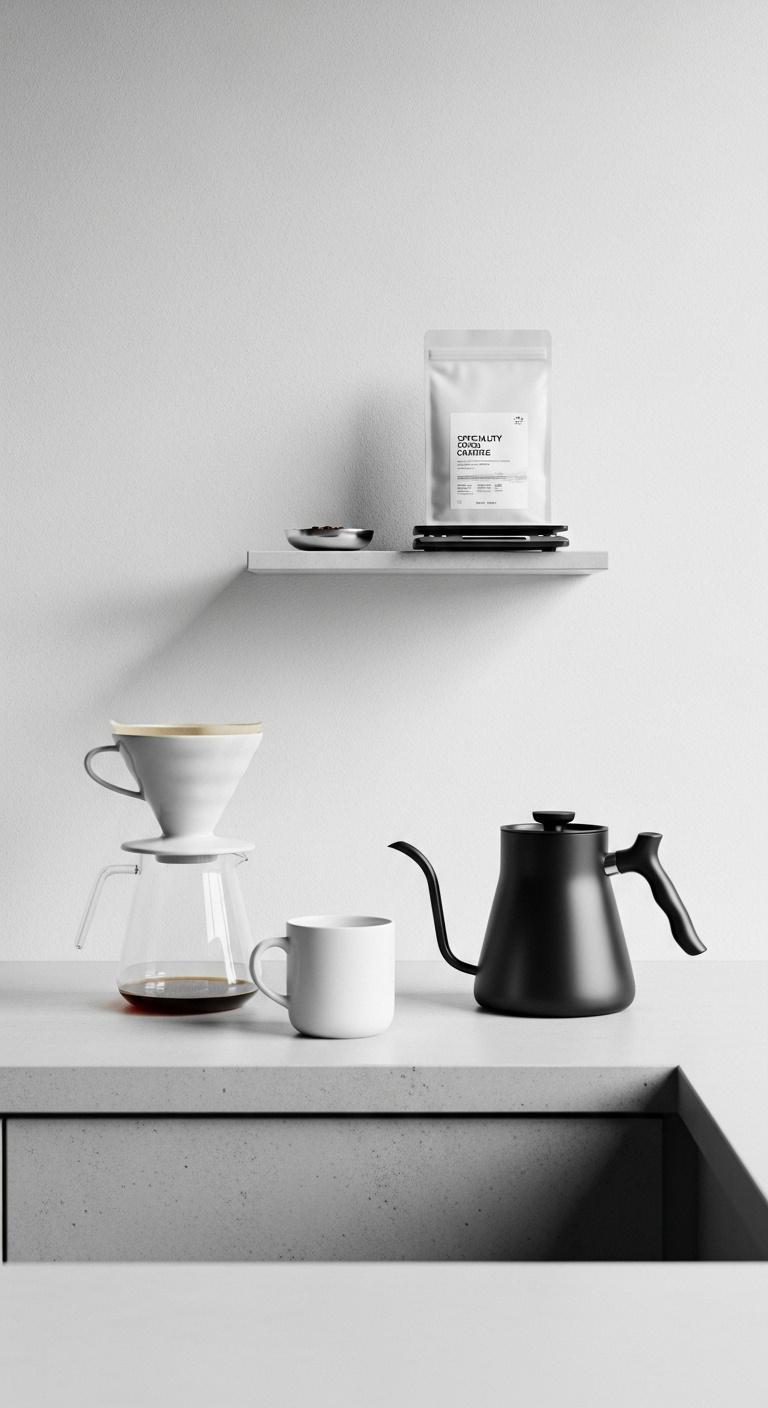 Minimalist pour over coffee corner with ceramic dripper gooseneck kettle white mug and floating shelf with coffee beans