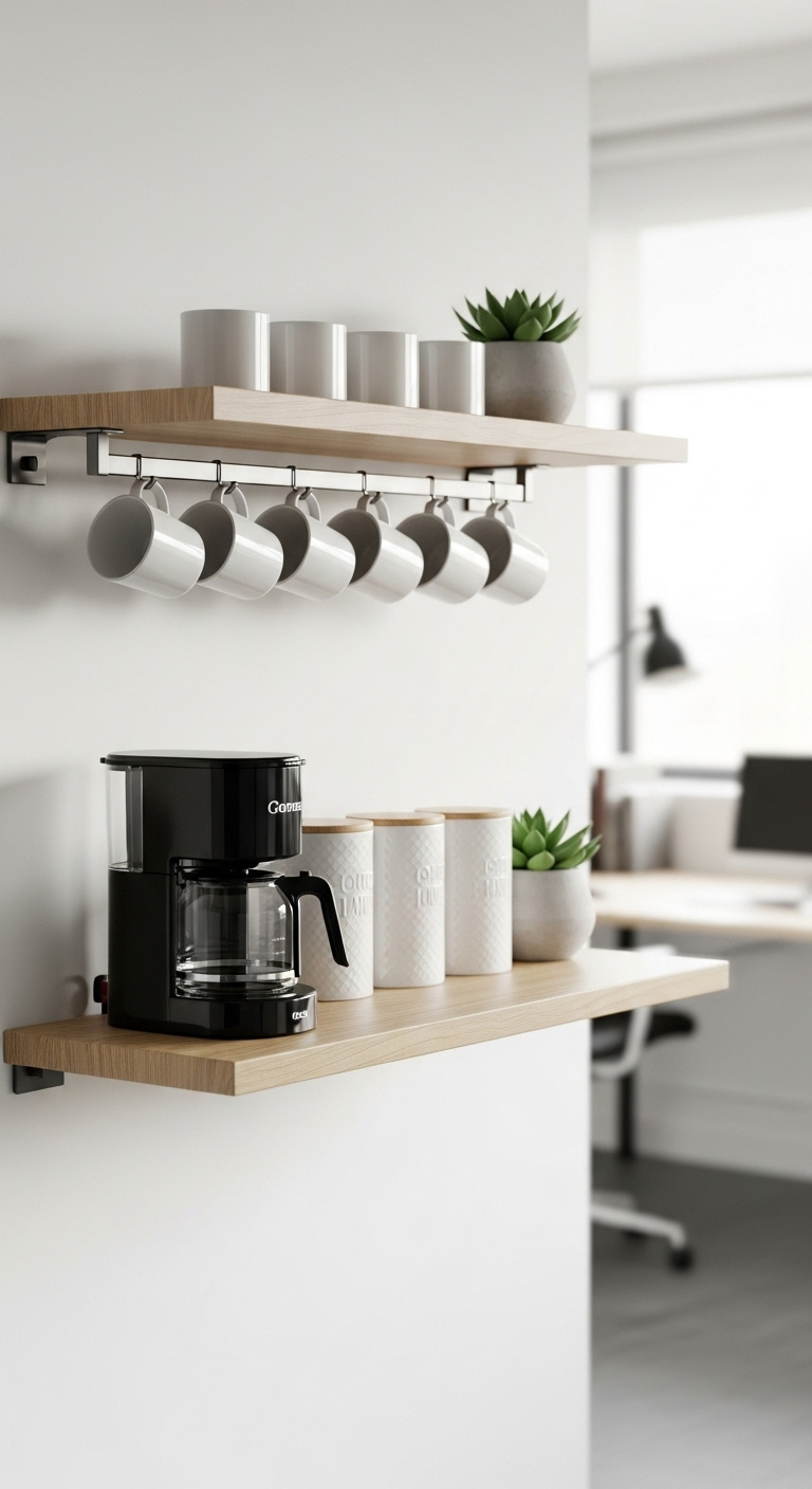 Minimalist wall-mounted coffee station with light wood floating shelves black coffee maker and white mugs