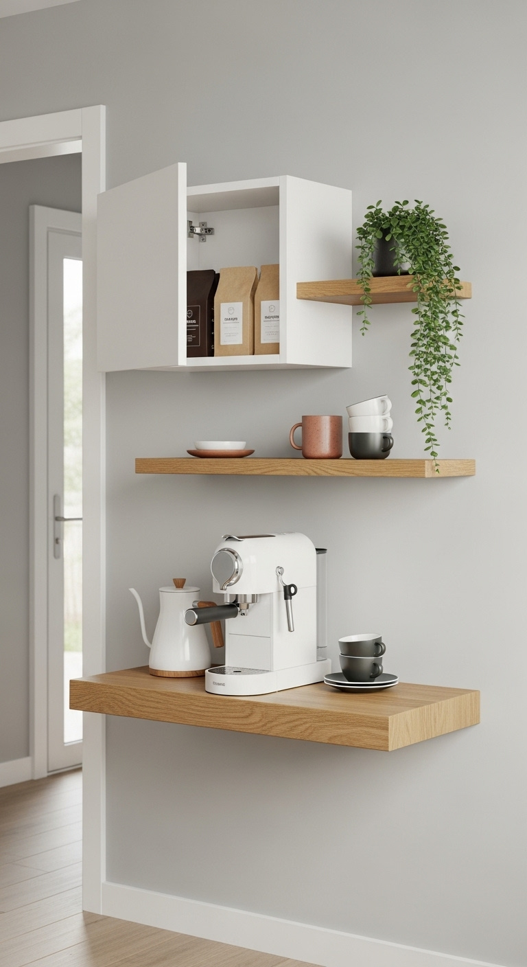 Minimalist wall mounted floating coffee bar with oak shelves white espresso machine and sleek handleless cabinet