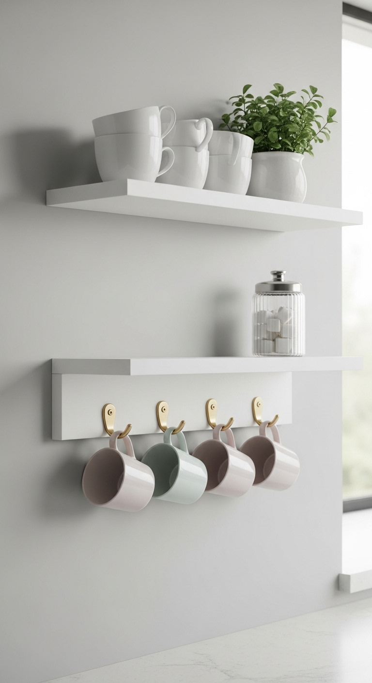 Minimalist white floating shelves with elegant brass hooks displaying pastel mugs and a small plant on a light grey wall