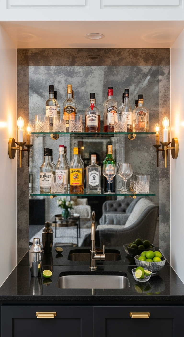Mirrored backsplash statement bar with antique mirror glass shelves colorful liquor bottles and crystal glasses