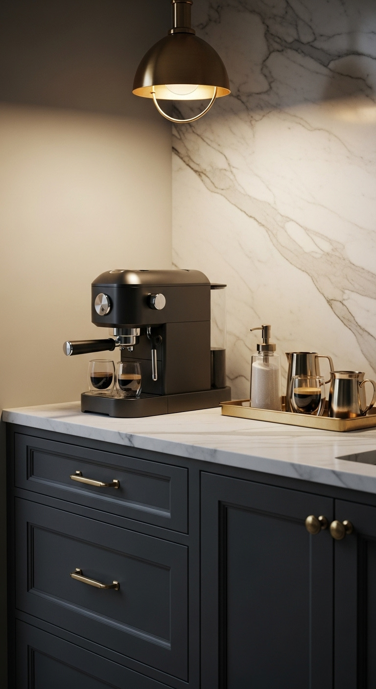 Mixed metal and marble coffee bar with matte black espresso machine brass handles and glass cups