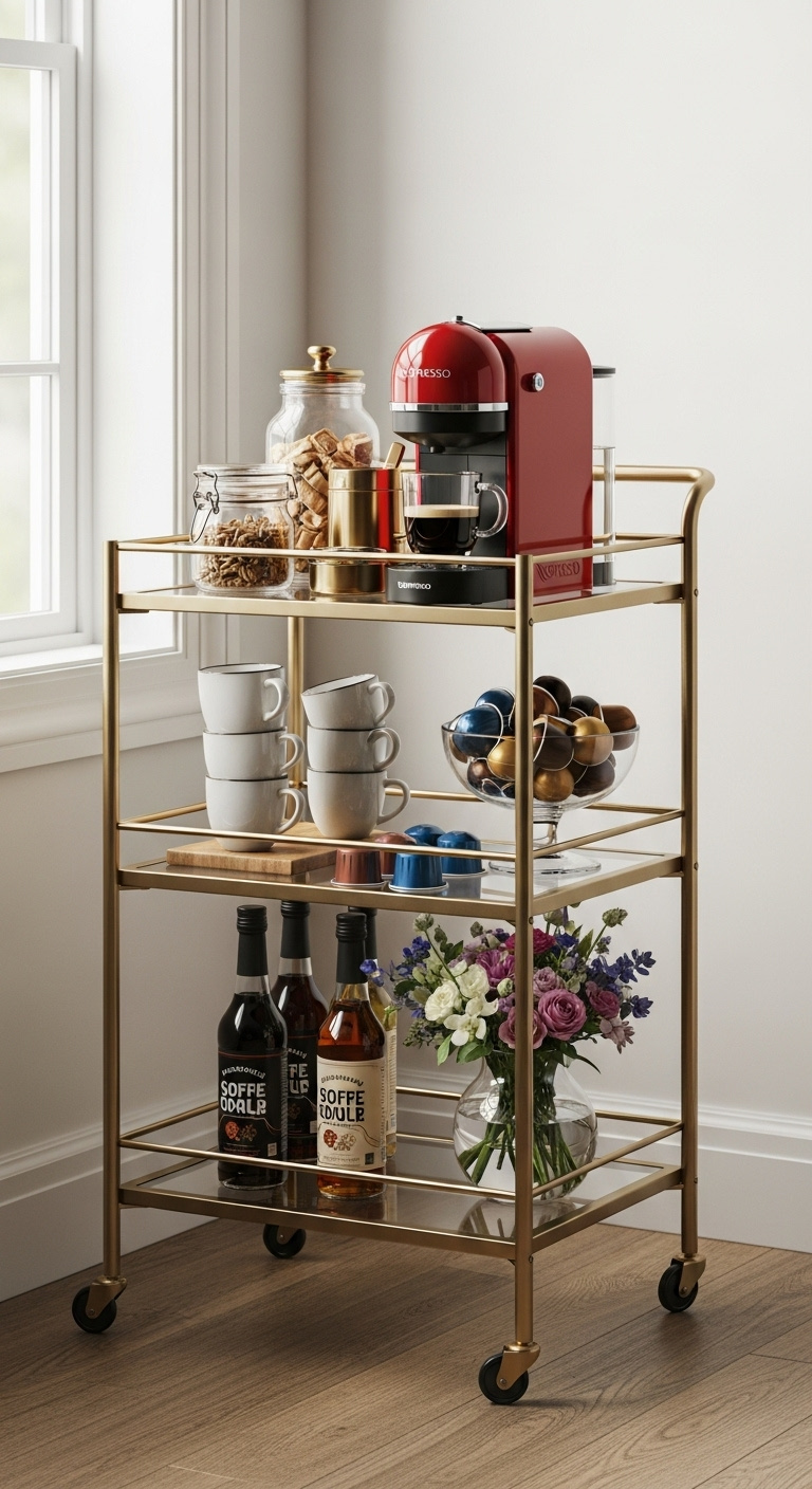 Mobile Nespresso coffee cart with red Vertuo Pop+ machine and accessories in a living room corner