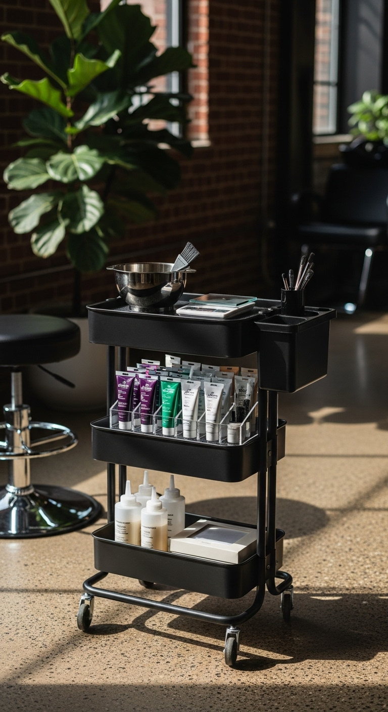 Mobile mixology cart salon color mixing station with matte black metal utility cart organized color tubes and developer bottles