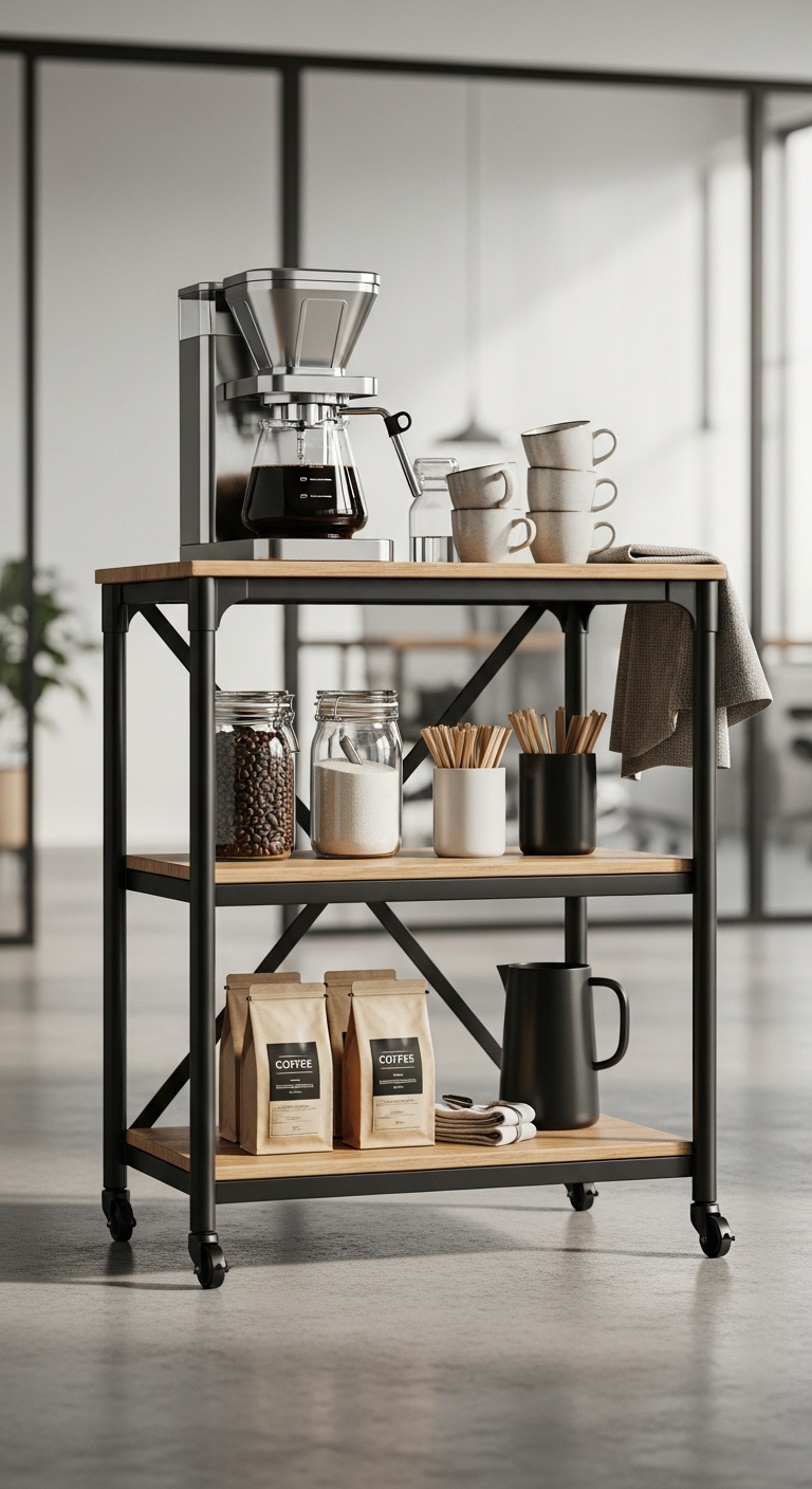 Mobile office coffee cart with industrial metal frame drip coffee machine and organized glass jars