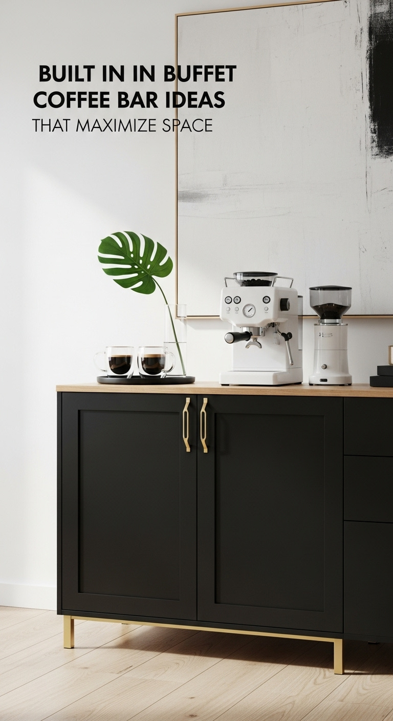 Modern IKEA hack buffet coffee bar in matte black with gold handles wood top and minimalist espresso machine