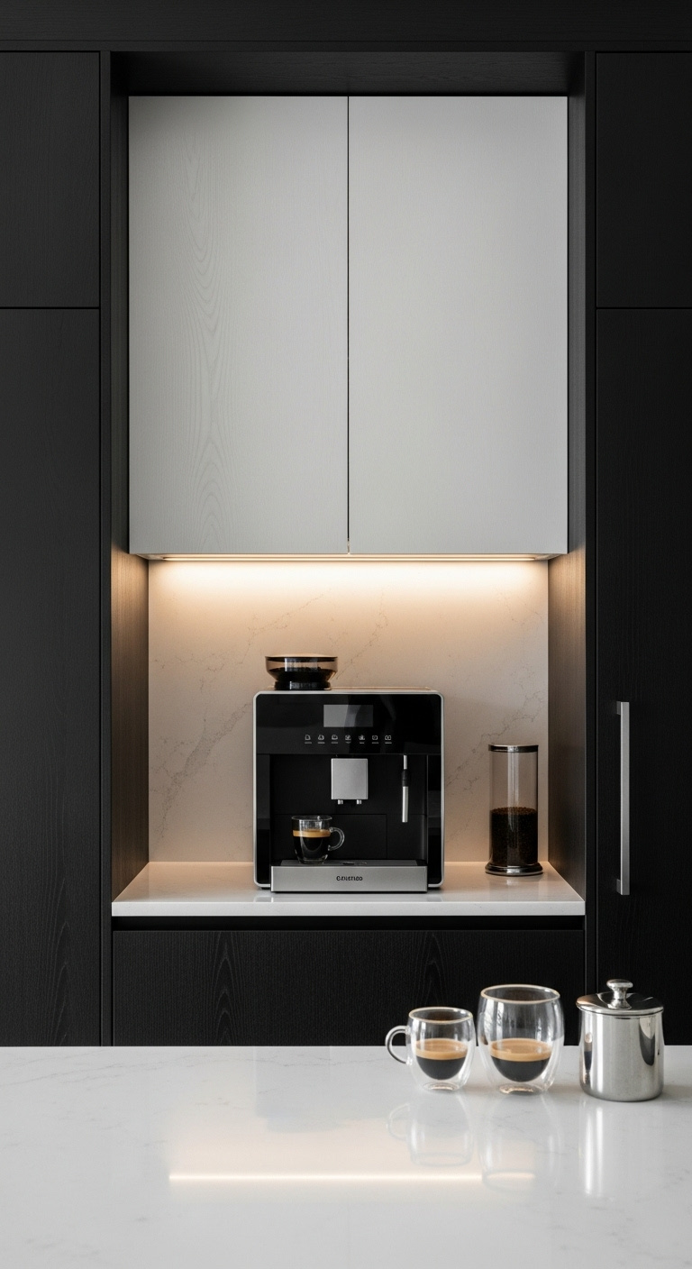 Modern black coffee bar setup with minimalist design and espresso machine