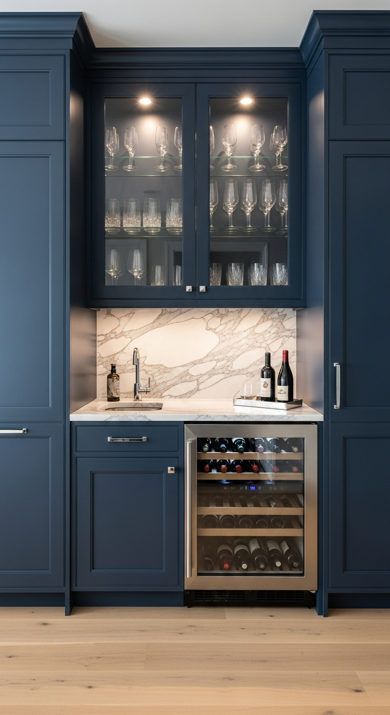 Modern butler's pantry bar with navy cabinets marble countertop glass uppers and wine fridge