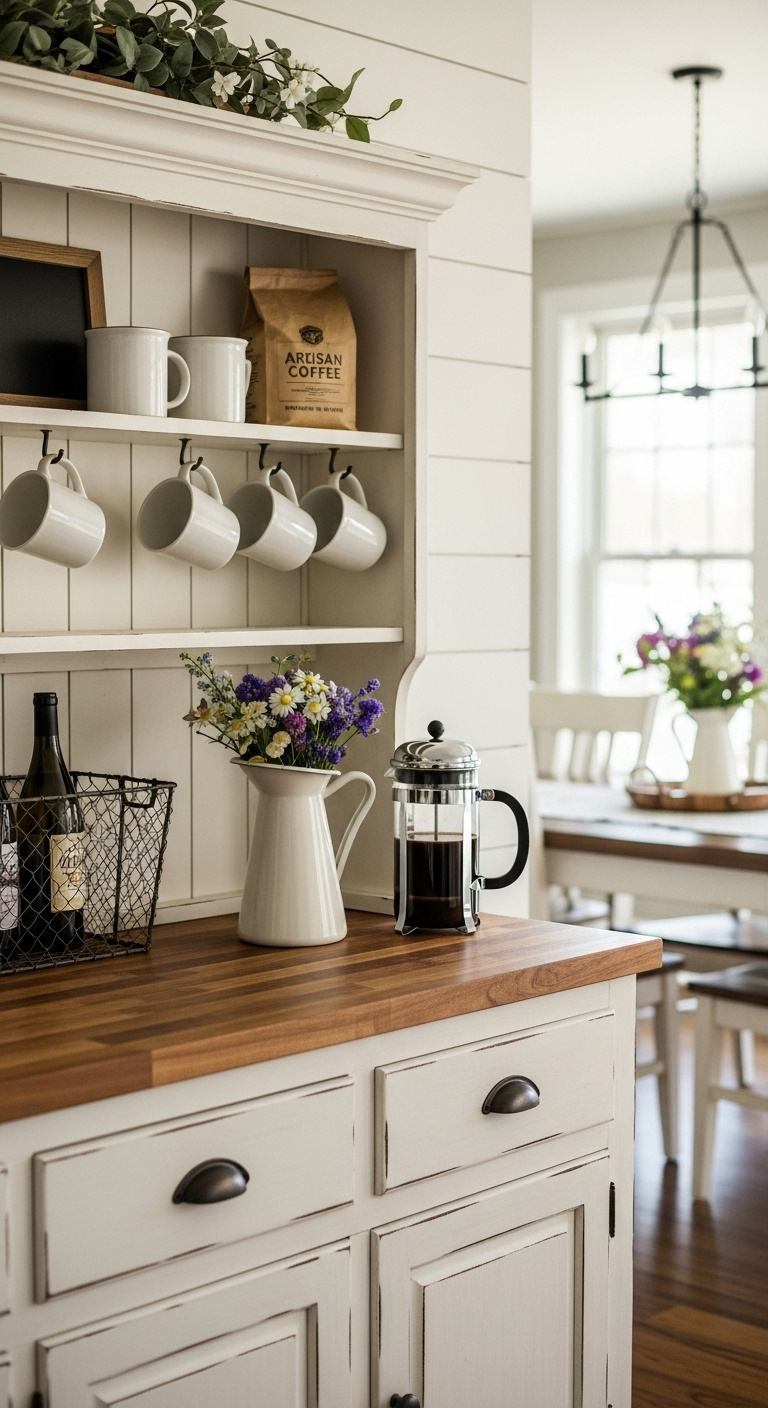 Modern chic coffee and bar cabinet ideas for home featuring an espresso machine wine rack and glassware