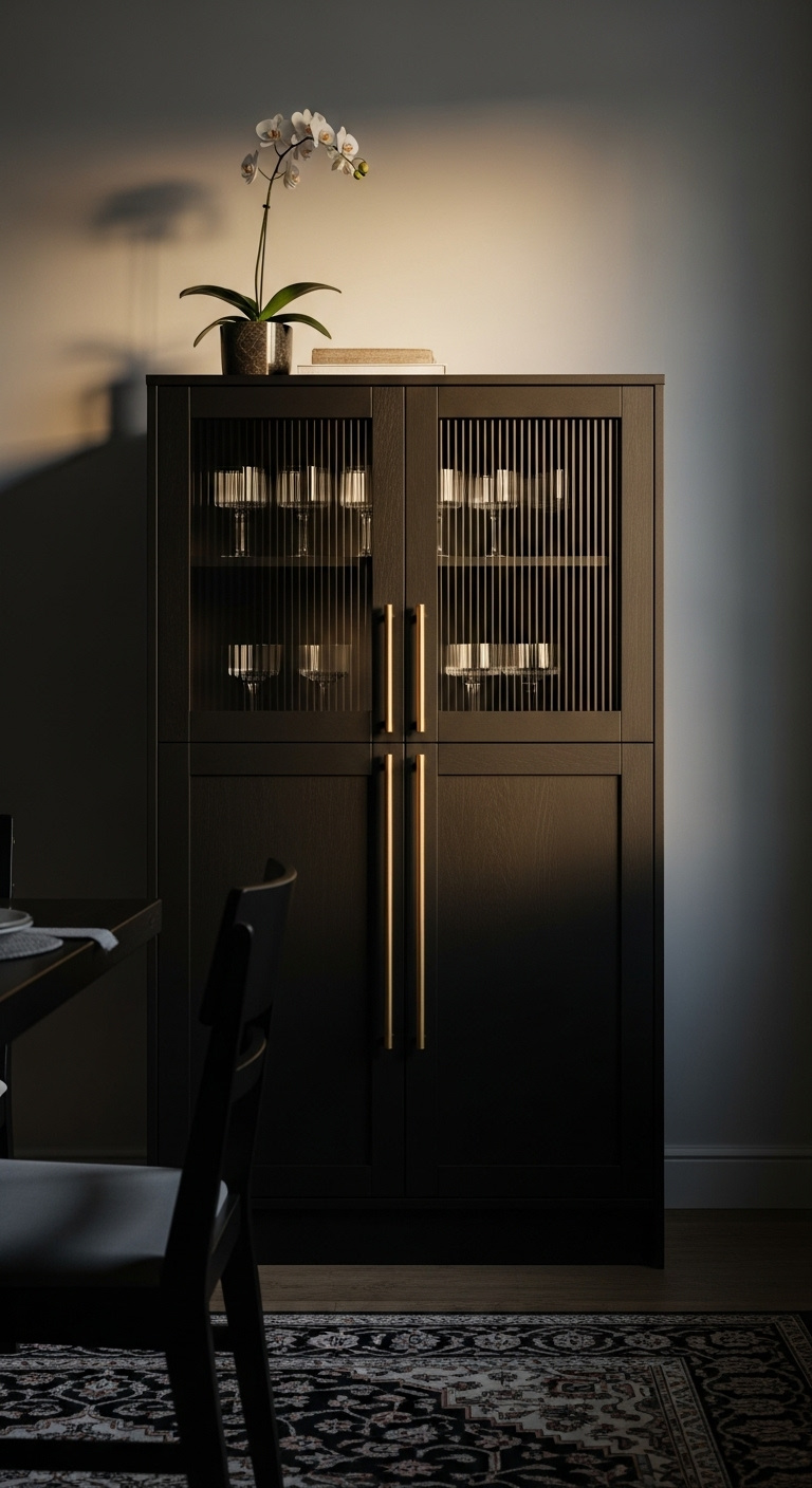 Modern coffee bar cabinet with espresso machine wine rack and glassware for home entertaining