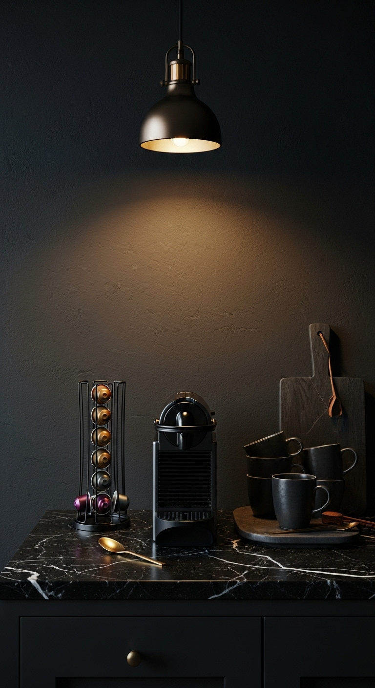 Modern coffee bar with Nespresso machine and luxurious aesthetic