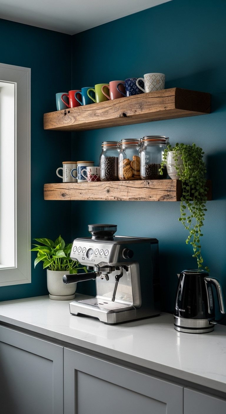Modern coffee bar with high end espresso machine and white marble