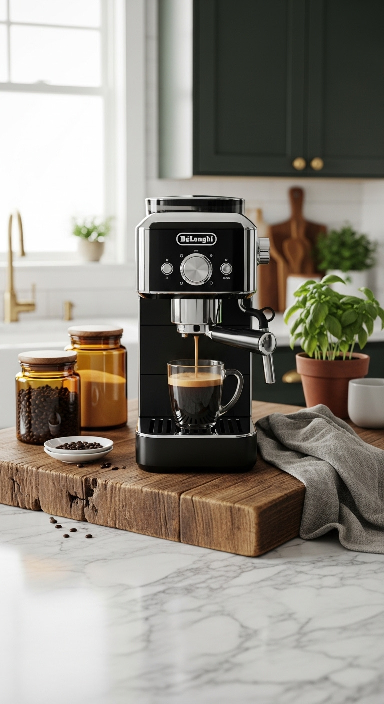 Modern coffee machine styled rustically on reclaimed wood cutting board brewing into mug with amber canisters and basil plant