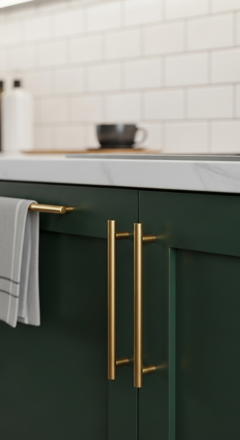 Modern dark green kitchen cabinet with a sleek brushed brass handle and white subway tile backsplash in an office breakroom creating a sophisticated look