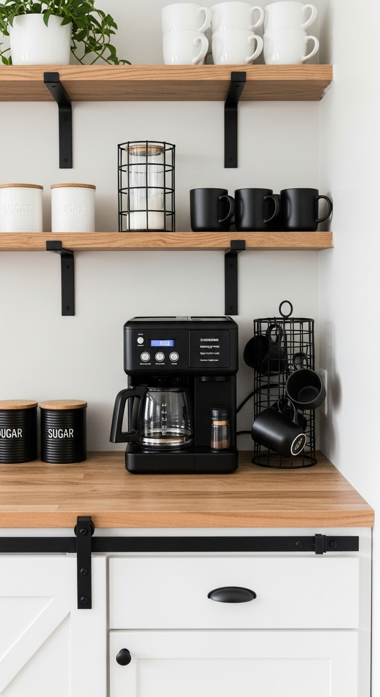 Modern farmhouse coffee bar with black accents including sleek coffee maker black metal mug rack and black canisters on wood counter
