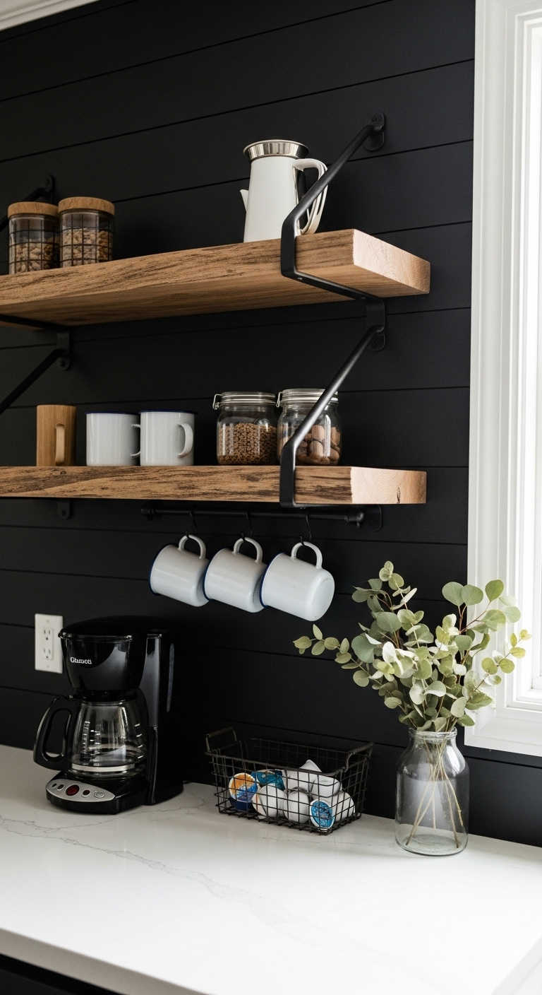Modern farmhouse coffee station with a black shiplap wall rustic wood shelves black iron brackets and white quartz countertop