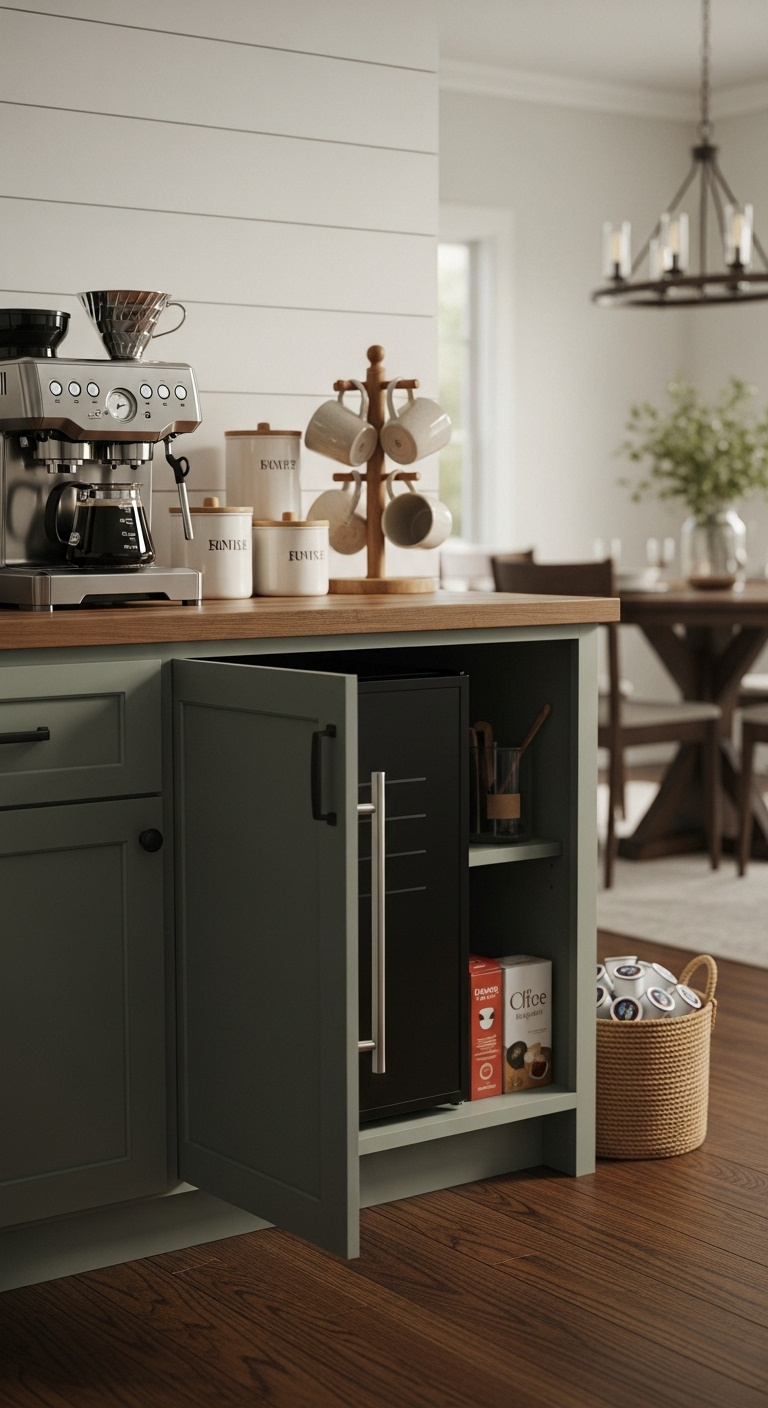 Modern farmhouse sage green coffee bar cabinet with butcher block top mini fridge coffee machine and mug tree