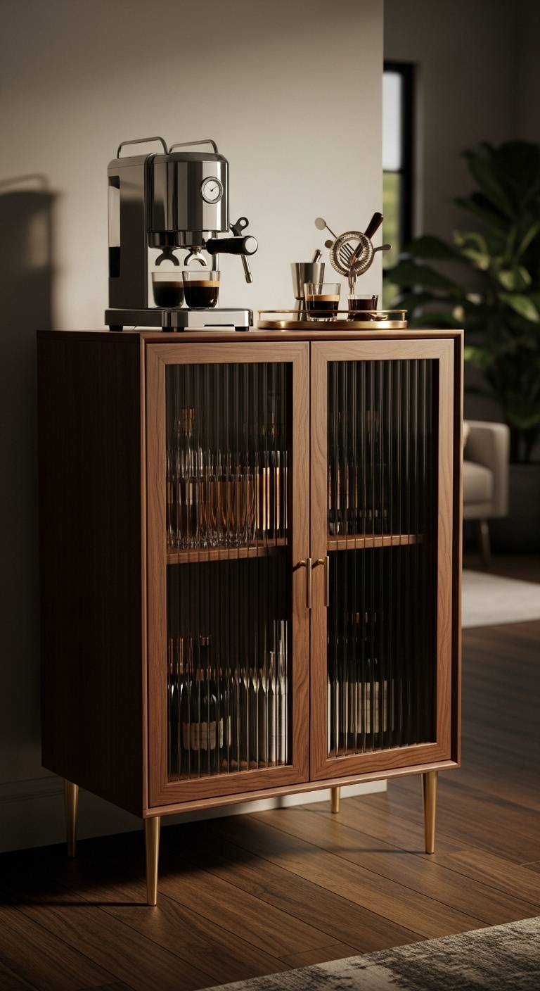 Modern fluted glass coffee bar cabinet in dark walnut with brass accents espresso machine and cocktail tools in an elegant living room