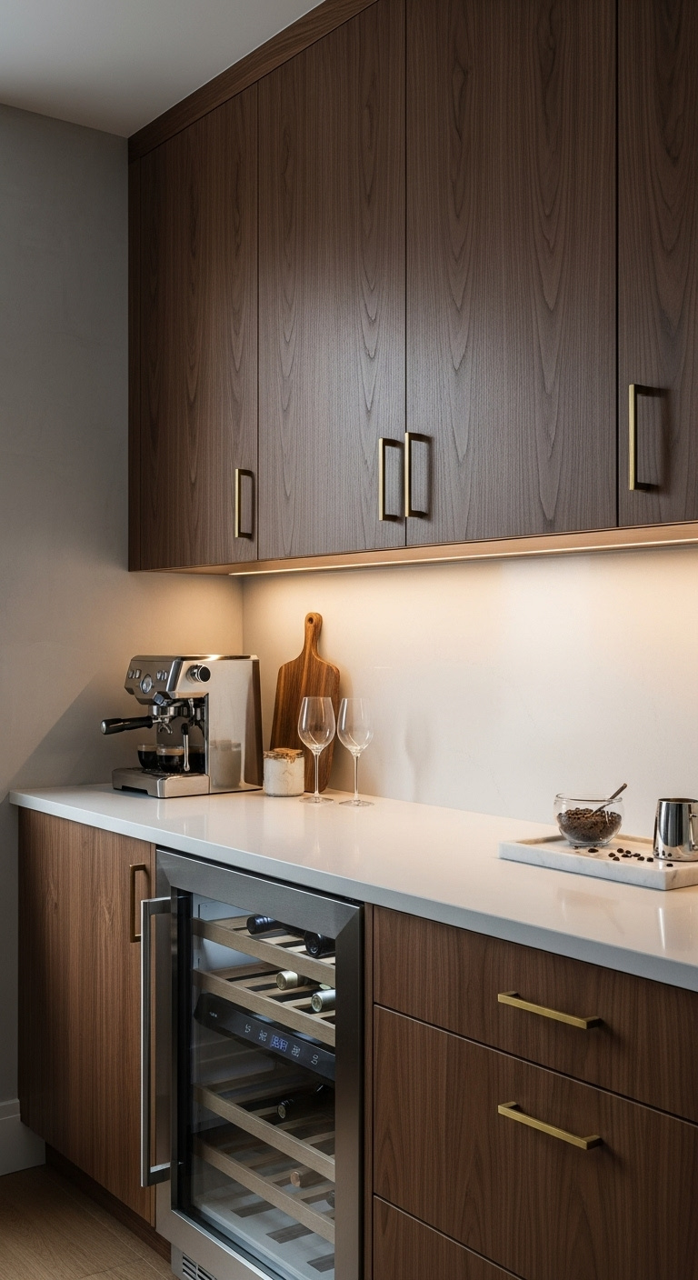 Modern home coffee and wine bar with espresso machine wine rack and stylish decor