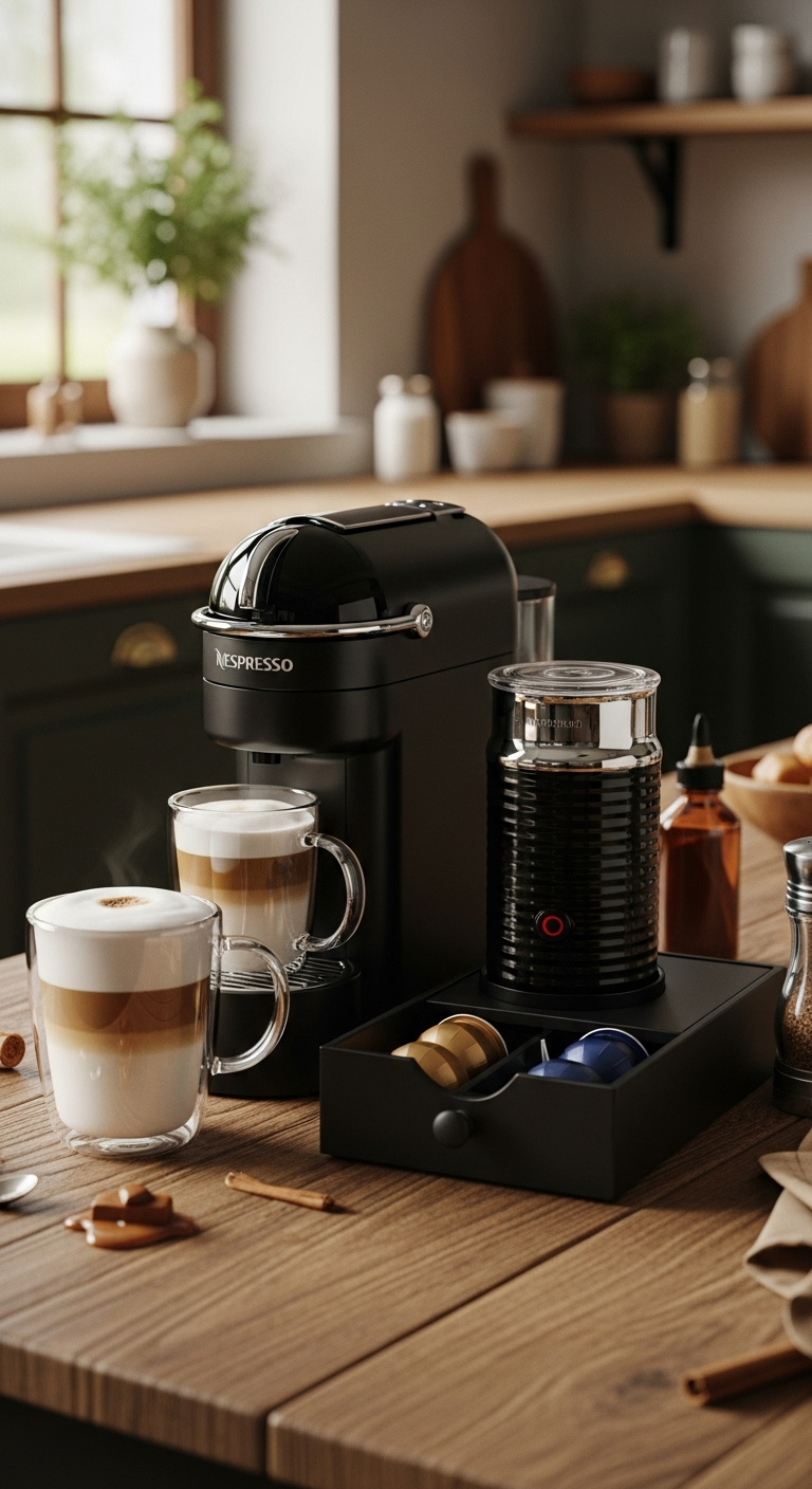 Modern home coffee bar with sleek Nespresso machine and floating shelves