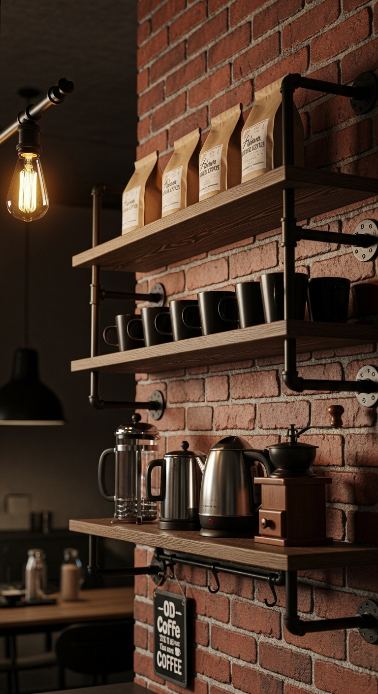 Modern industrial coffee bar with dark wood pipe shelving on a red brick wall holding mugs French press and grinder