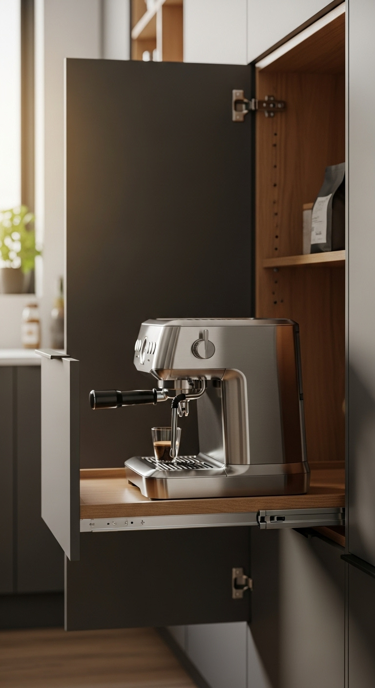 Modern kitchen cabinet with an open door and extended wooden pull-out shelf featuring a stainless steel espresso machine