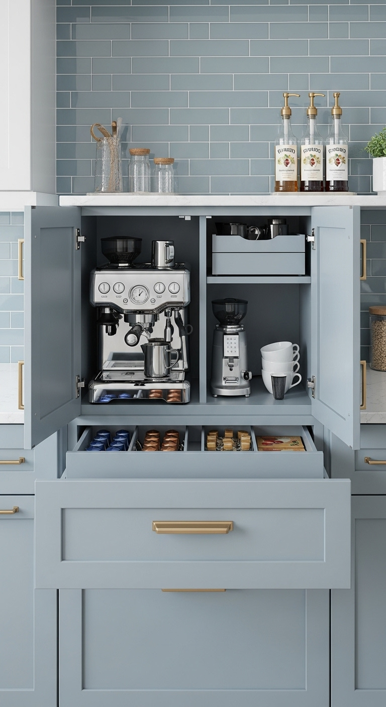 Modern kitchen espresso station with stylish mugs and warm wood tones