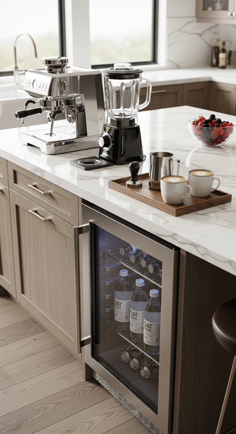 Modern kitchen island beverage hub with white marble countertop, under-counter fridge, espresso machine, blender, wooden tray, and fresh berries