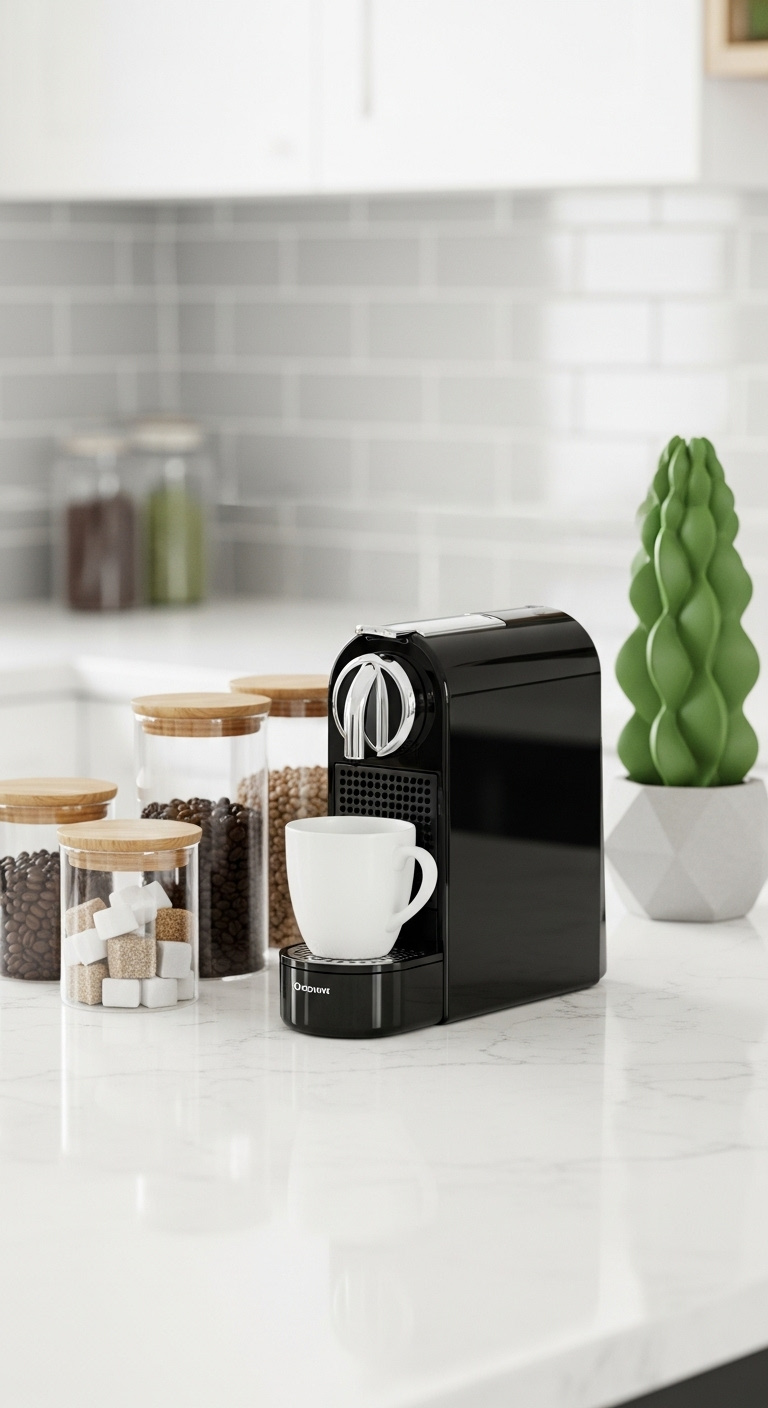 Modern minimalist coffee bar with black espresso machine, white quartz countertop, glass canisters, ceramic mug, and green succulent