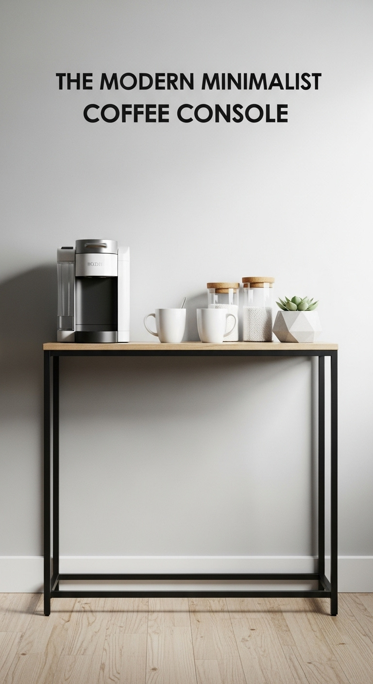 Modern minimalist coffee console in an entryway with a black metal frame light wood top and white single serve coffee machine