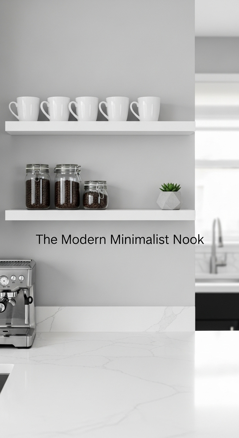 Modern minimalist coffee nook with sleek white floating shelves, ceramic mugs, and a succulent on a soft gray wall