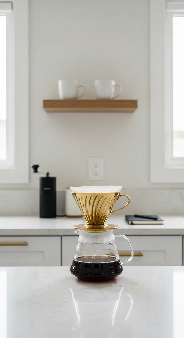 Modern minimalist coffee station with brass pour-over dripper on a light quartz countertop and oak shelf