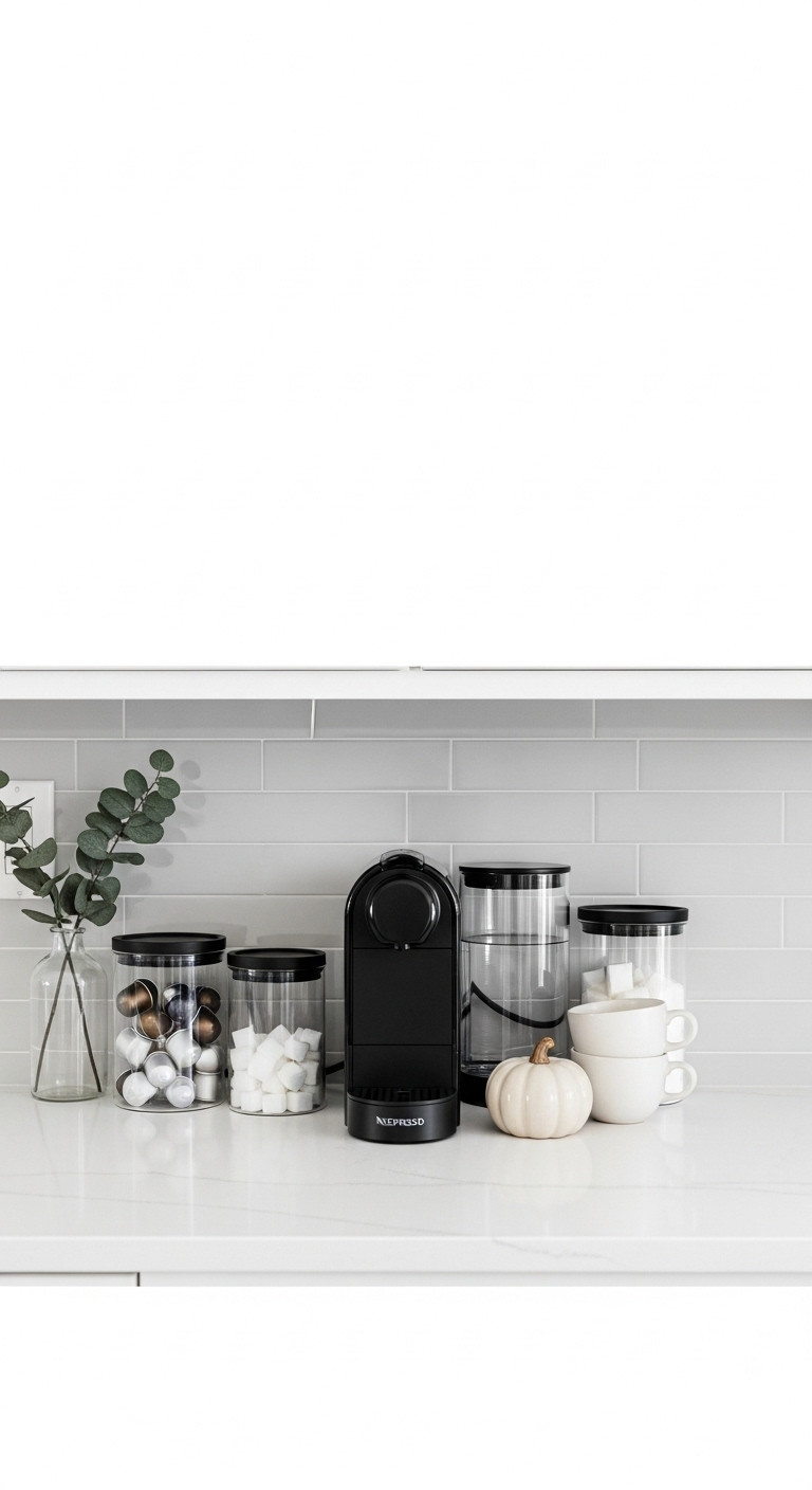 Modern minimalist fall coffee station with Nespresso machine, glass canisters, ceramic pumpkin, and mugs on a white quartz counter