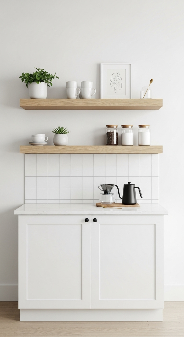 Modern minimalist floating coffee bar with white cabinet quartz counter oak shelves and black pour over set
