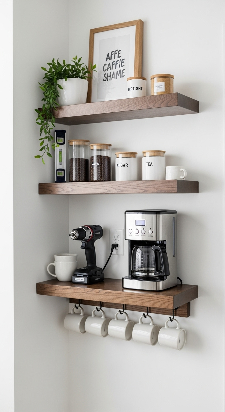 Modern vertical floating shelf coffee bar with thick shelves coffee maker and mug rack on a white wall