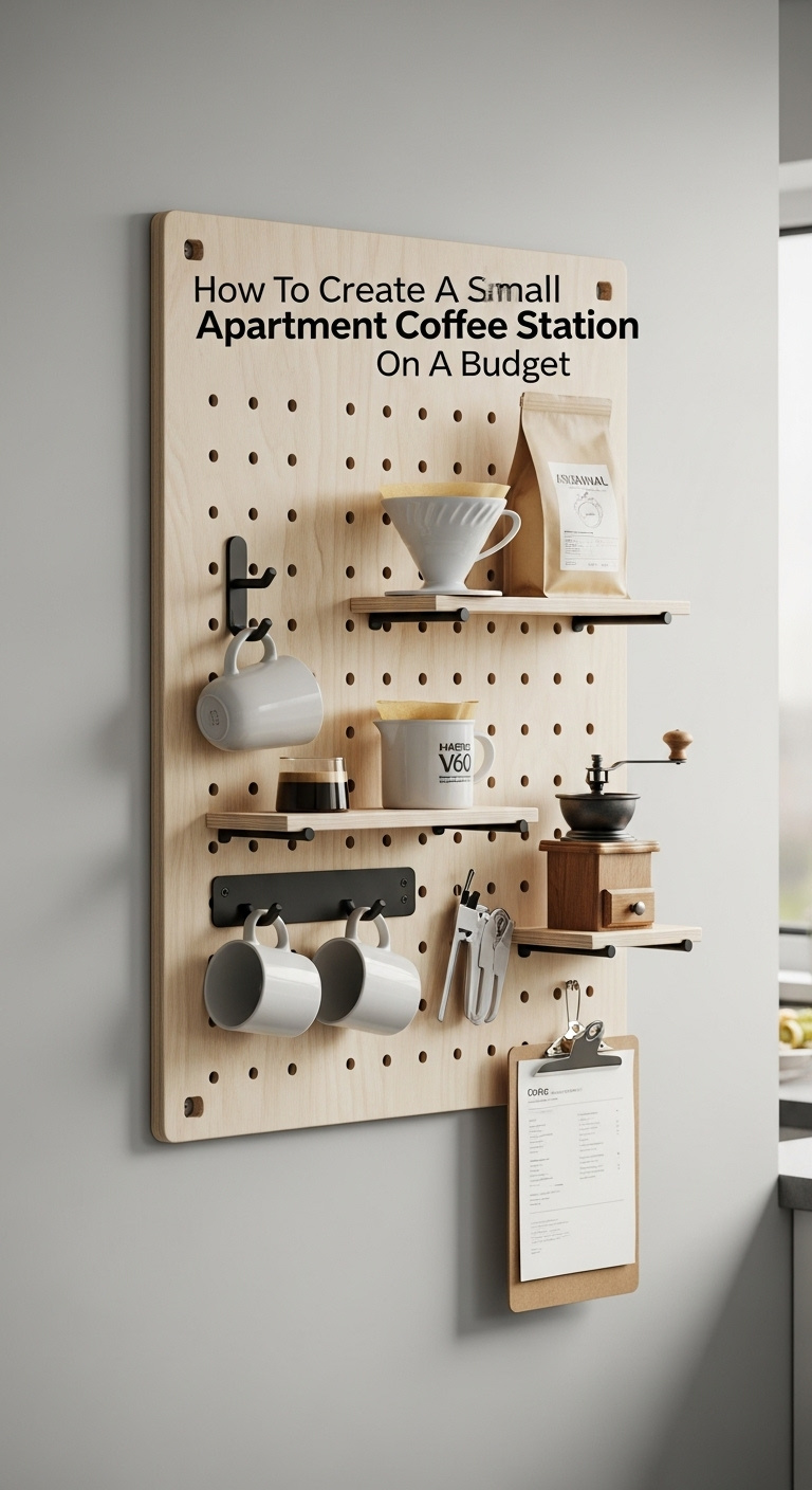 Modern wall mounted pegboard coffee station with pour over mugs and manual grinder in a bright minimalist kitchen
