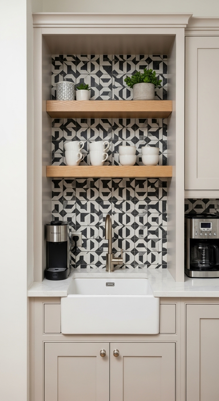 Modern wet coffee bar with under mount sink and floating shelves