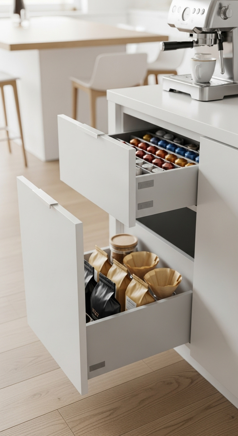 Modern white kitchen coffee bar with shaker cabinets quartz and open shelves