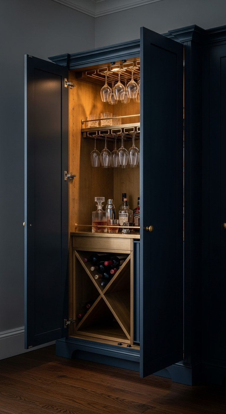 Modern wine corner kitchen with built in wine fridge and elegant racks