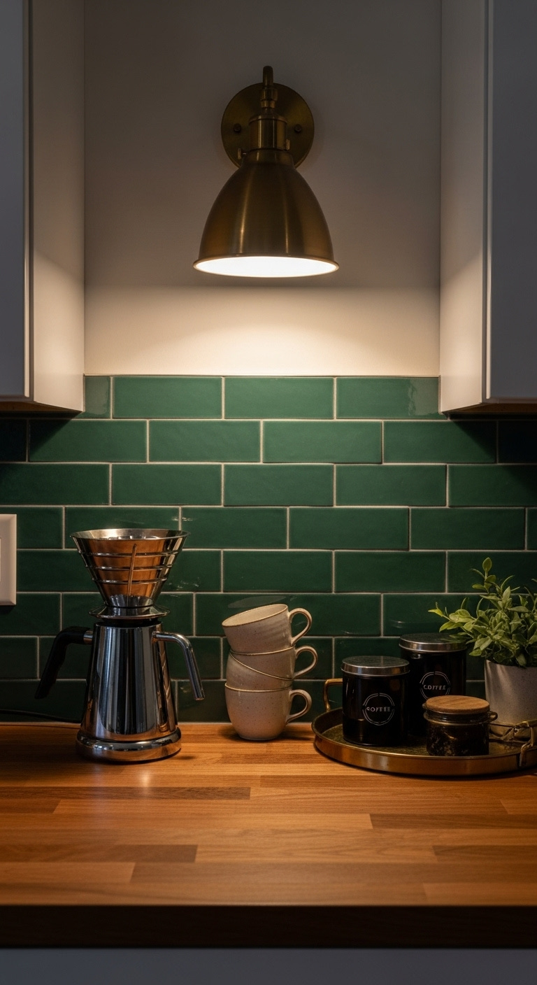 Modern wood slat wall coffee bar with warm oak slats black espresso machine white mugs a small succulent and under cabinet LED lighting on white quartz
