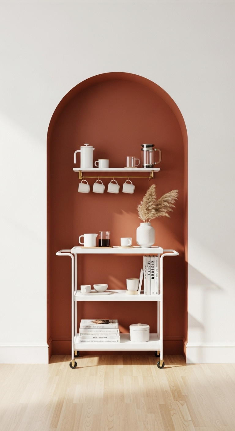 Modern wood slat wall coffee bar with warm oak slats black espresso machine white mugs a small succulent and under cabinet LED lighting on white quartz